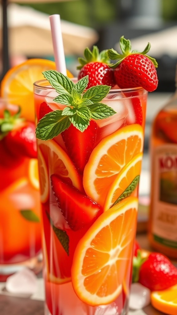 Refreshing Strawberry Rum Sangria Recipe A glass of strawberry rum sangria with mint, strawberries, oranges, and limes, on a sunny patio.